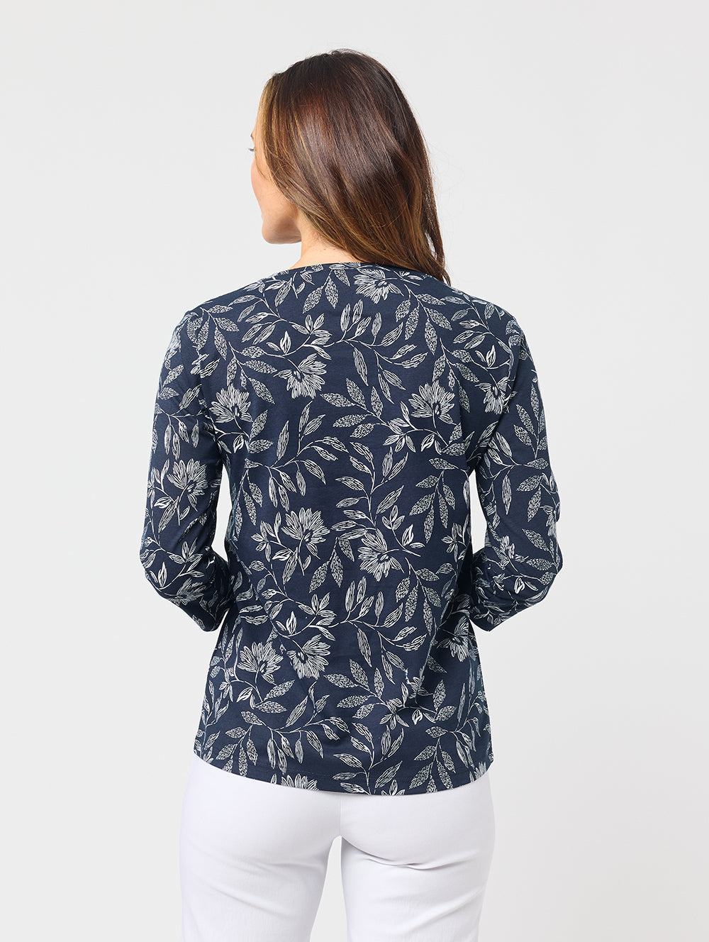 Women's 3/4 Sleeve Round Neckline Top with Botanical Print