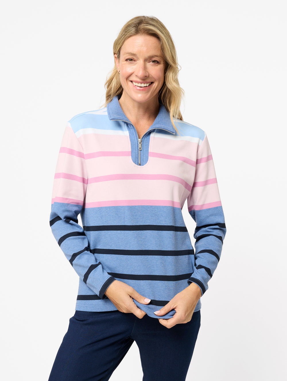 Kaytie Half Zip Top - Women's Striped Half Zip Top in Mid Blue & Pink ...