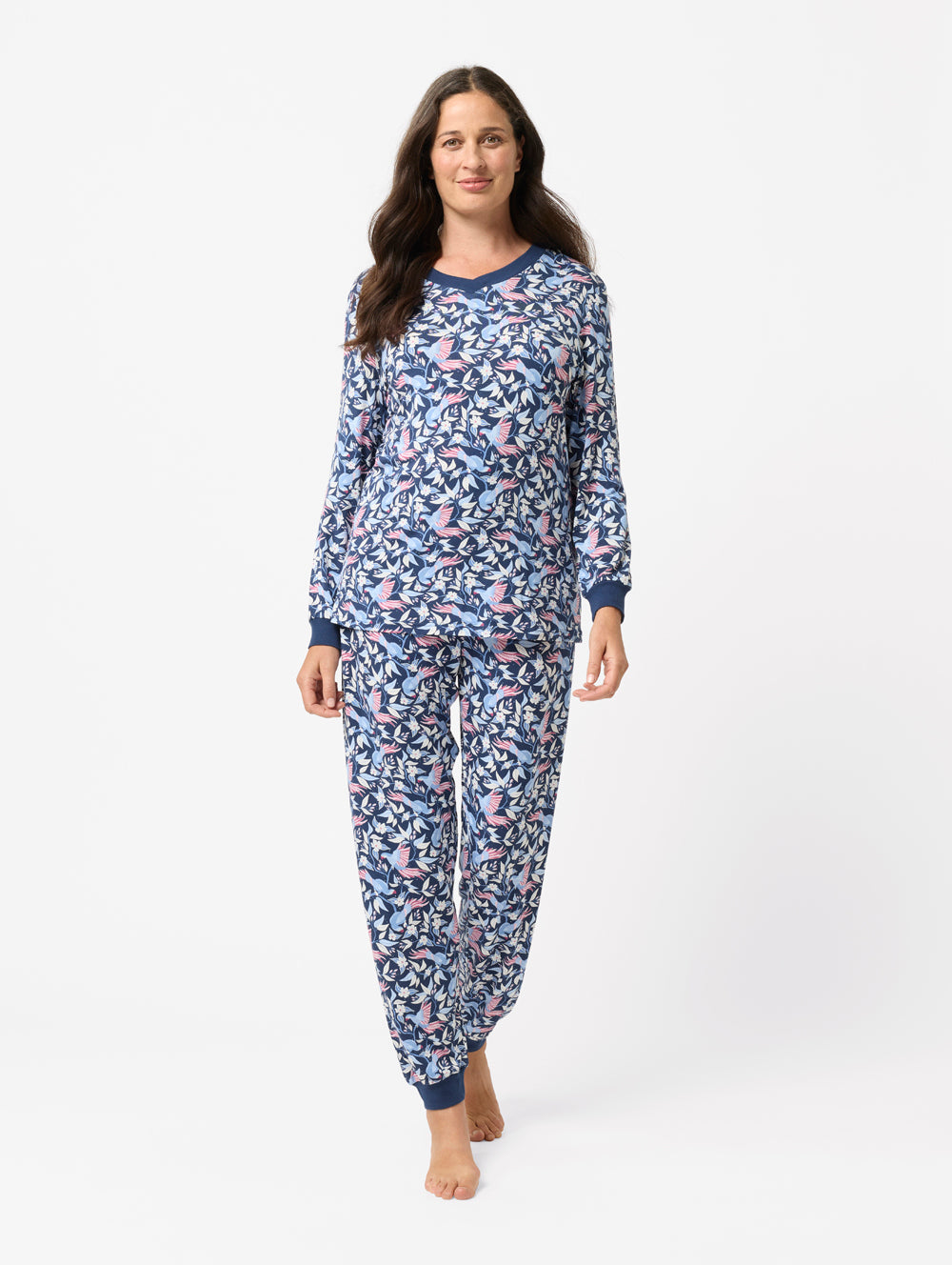 Nika Pyjama Set - Women's Long Sleeve V-Neck Floral Pyjamas in Mid Blue ...
